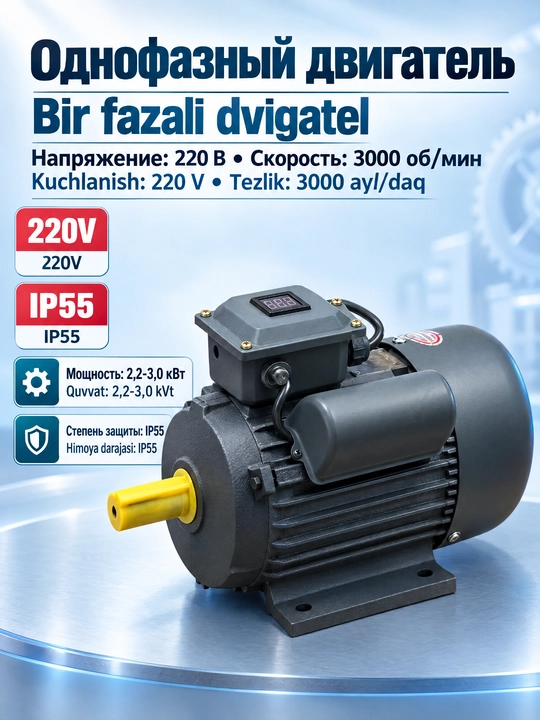 Bir fazali YL100L-2, 3kVt YL90L-2,2.2kVt YC122M-2,4kVt elektr dvigateli - 