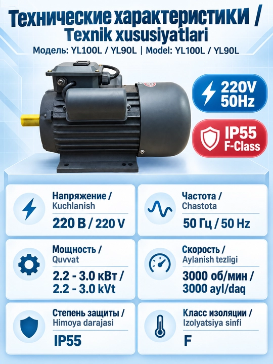 Bir fazali YL100L-2, 3kVt YL90L-2,2.2kVt YC122M-2,4kVt elektr dvigateli