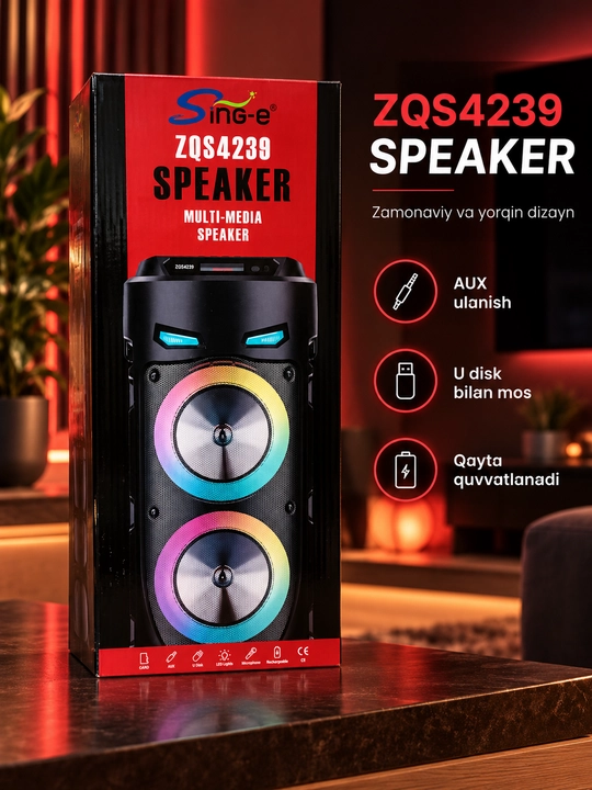 Portativ multimedia kolonka Sing-e ZQS4239 / ZQS6166, mikrofonli, LED yoritishli