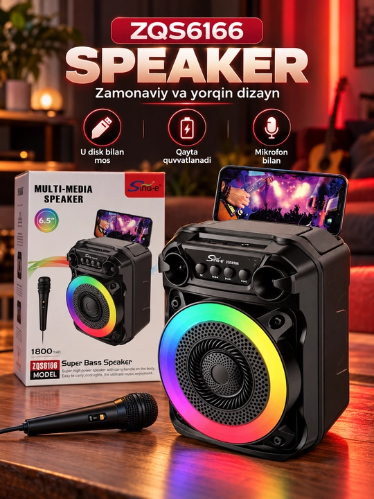 Portativ multimedia kolonka Sing-e ZQS4239 / ZQS6166, mikrofonli, LED yoritishli