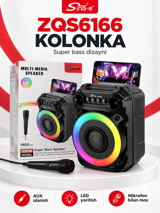 Portativ multimedia kolonka Sing-e ZQS4239 / ZQS6166, mikrofonli, LED yoritishli - 
