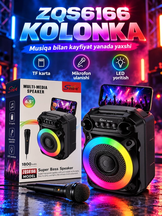 Portativ multimedia kolonka Sing-e ZQS4239 / ZQS6166, mikrofonli, LED yoritishli