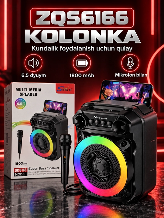 Portativ multimedia kolonka Sing-e ZQS4239 / ZQS6166, mikrofonli, LED yoritishli