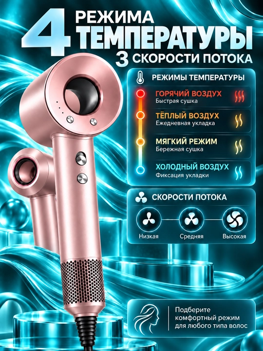 Фен для волос, профессиональный стайлер для сушки и укладки, с насадками, 5 в 1