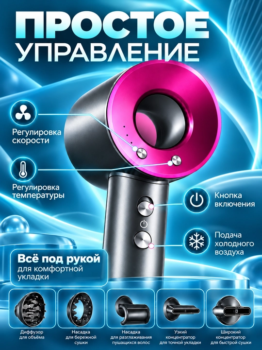 Фен для волос, профессиональный стайлер для сушки и укладки, с насадками, 5 в 1