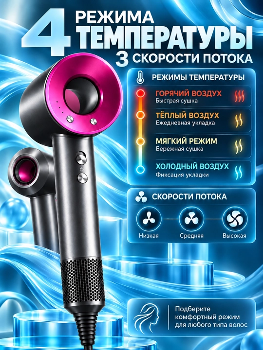 Фен для волос, профессиональный стайлер для сушки и укладки, с насадками, 5 в 1