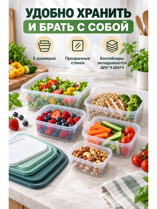 Комплект контейнеров для хранения продуктов и вещей с крышками, 5 шт