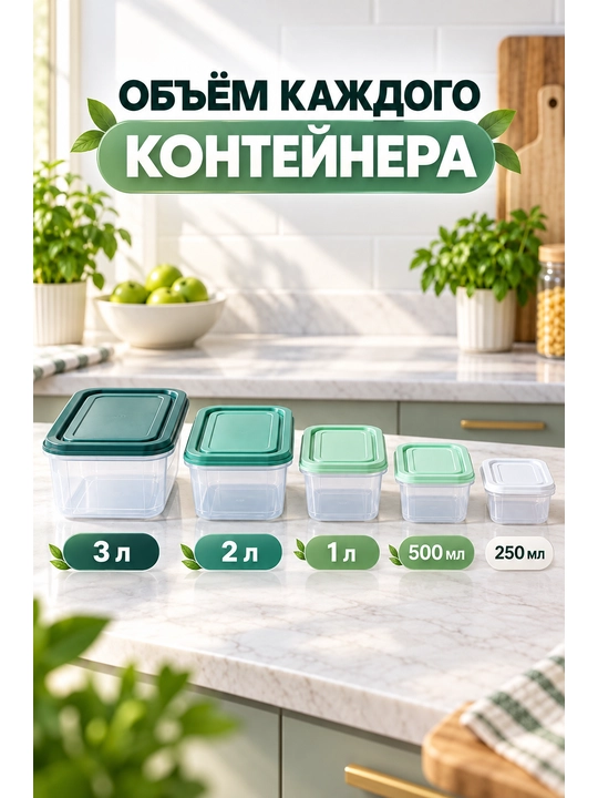 Комплект контейнеров для хранения продуктов и вещей с крышками, 5 шт