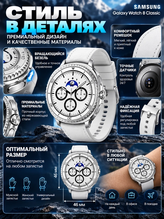 Samsung Galaxy Watch8 Classic Silver умные часы, Smart Watch для спорта и здоровья