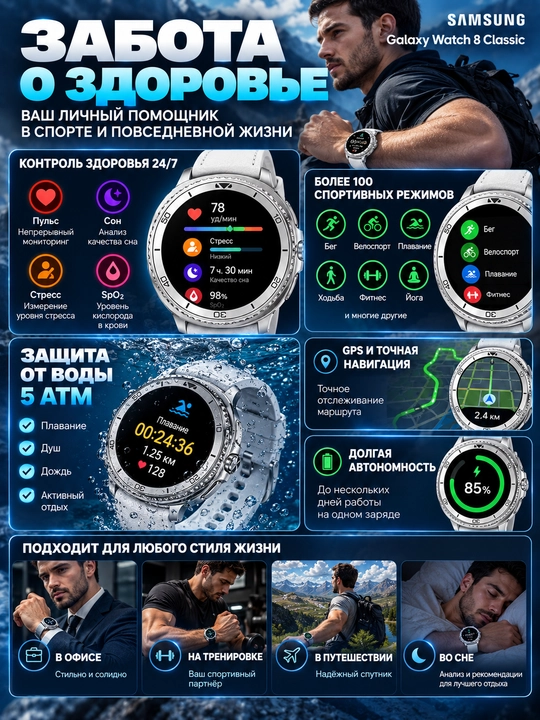 Samsung Galaxy Watch8 Classic Silver умные часы, Smart Watch для спорта и здоровья