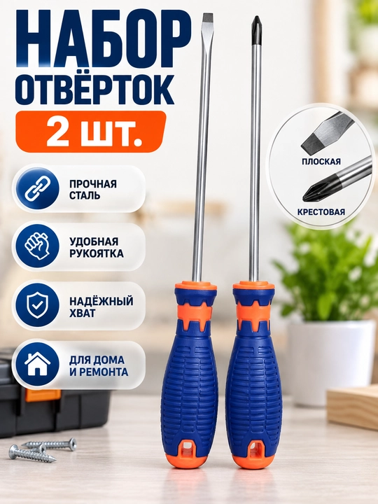 Набор отвёрток 2 шт, плоская и крестовая, прочная сталь, удобная рукоятка - 