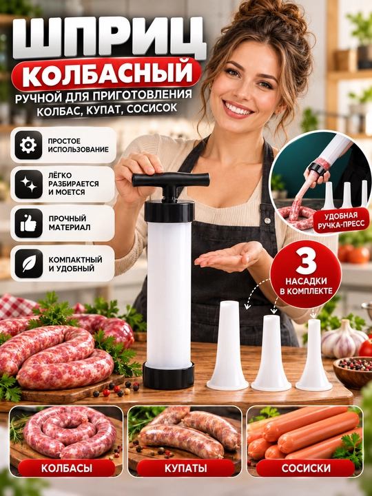Шприц колбасный, ручной, для приготовления колбас, купат, сосисок, с 3 насадками - 