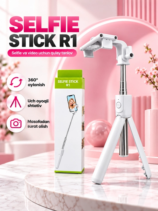 Bluetooth bilan jihozlangan R1 3 ta 1 da selfi tayoqchasi, monopod va shtativ, 70 sm, qora