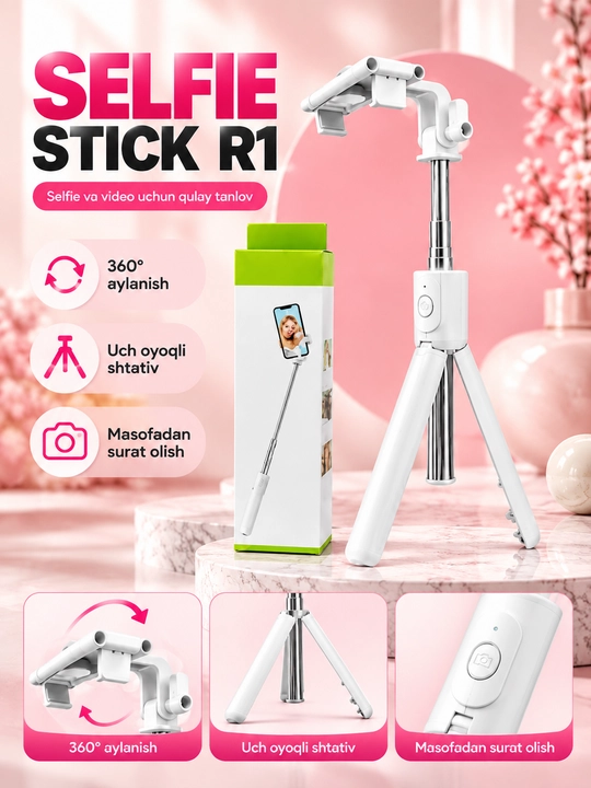 Bluetooth bilan jihozlangan R1 3 ta 1 da selfi tayoqchasi, monopod va shtativ, 70 sm, qora