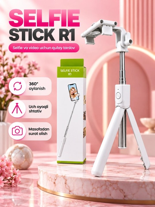 Bluetooth bilan jihozlangan R1 3 ta 1 da selfi tayoqchasi, monopod va shtativ, 70 sm, qora