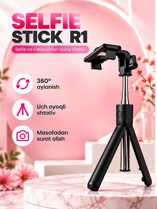 Bluetooth bilan jihozlangan R1 3 ta 1 da selfi tayoqchasi, monopod va shtativ, 70 sm, qora