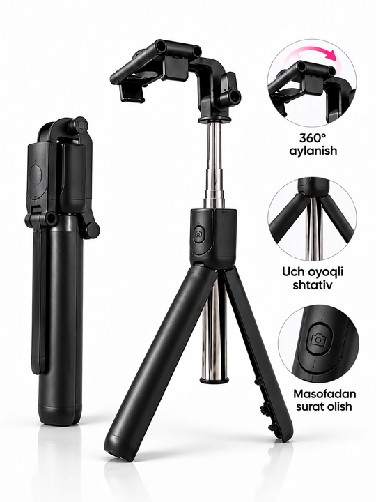 Bluetooth bilan jihozlangan R1 3 ta 1 da selfi tayoqchasi, monopod va shtativ, 70 sm, qora