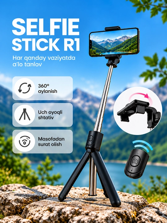 Bluetooth bilan jihozlangan R1 3 ta 1 da selfi tayoqchasi, monopod va shtativ, 70 sm, qora
