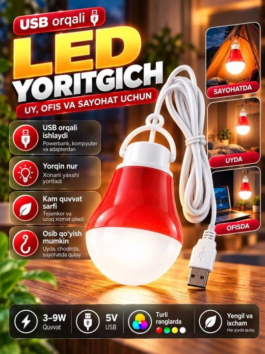 USB LED lampochka 5V/12V, egiluvchan kabel va ilgakli, ixcham chiroq - 