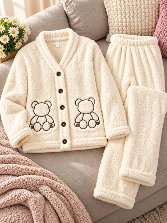 Ayollar uchun issiq qishki pijama, qalin paxmoq pijama, shim va kofta
