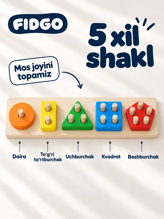 FIDGO Geometrik yog‘och sorteri, shakllar va ranglarni o‘rganish uchun