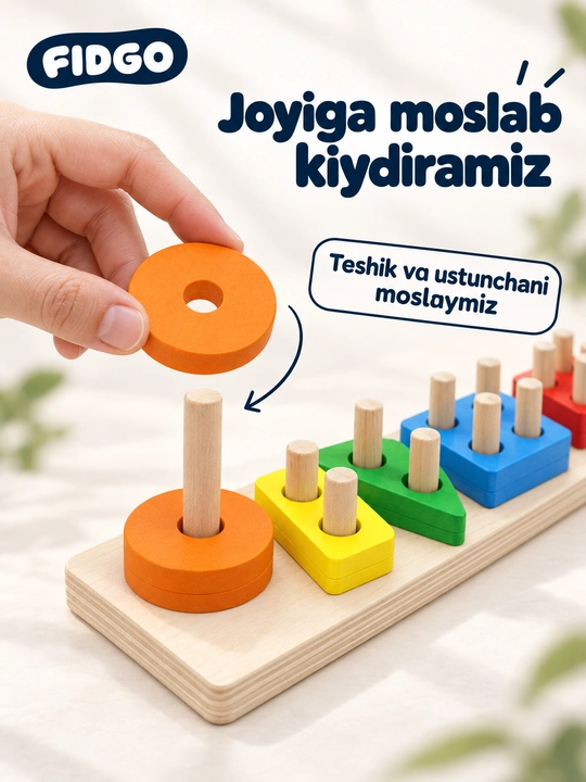 FIDGO Geometrik yog‘och sorteri, shakllar va ranglarni o‘rganish uchun