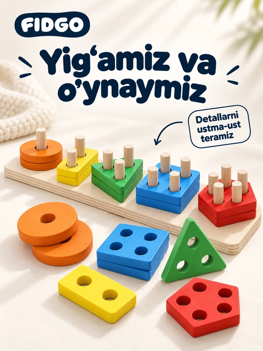 FIDGO Geometrik yog‘och sorteri, shakllar va ranglarni o‘rganish uchun