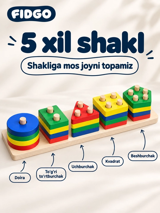 FIDGO Geometrik yog‘och sorteri, shakllar va ranglarni o‘rganish uchun