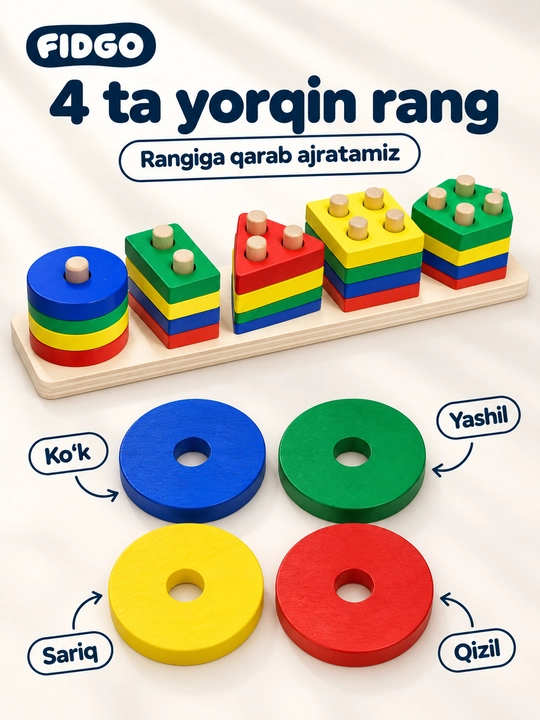FIDGO Geometrik yog‘och sorteri, shakllar va ranglarni o‘rganish uchun