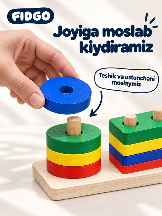 FIDGO Geometrik yog‘och sorteri, shakllar va ranglarni o‘rganish uchun