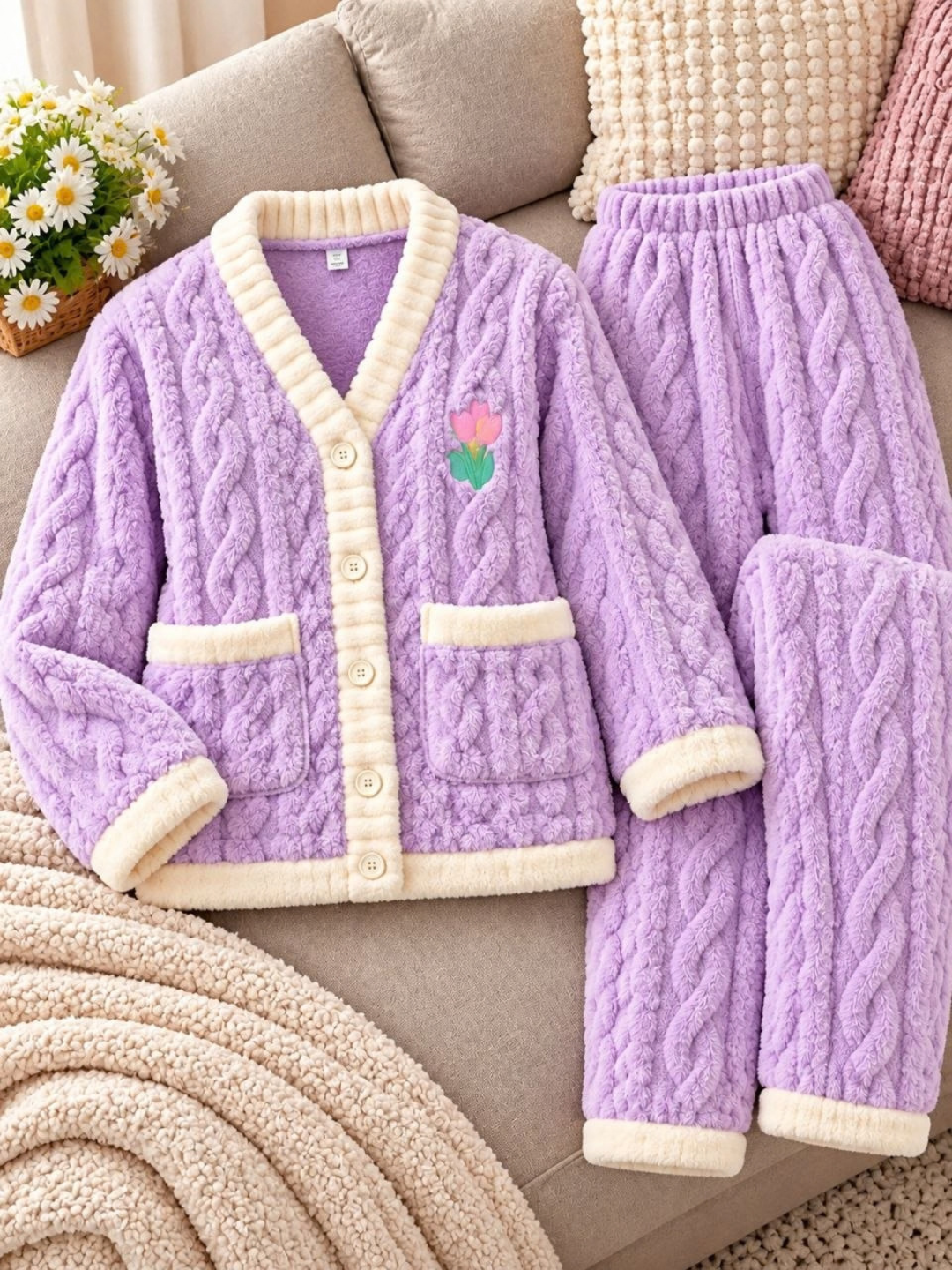 Ayollar uchun issiq qishki pijama, qalin paxmoq pijama, shim va kofta
