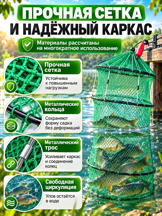 Baliq saqlash uchun buklanadigan sadok, suvda saqlash uchun to‘r