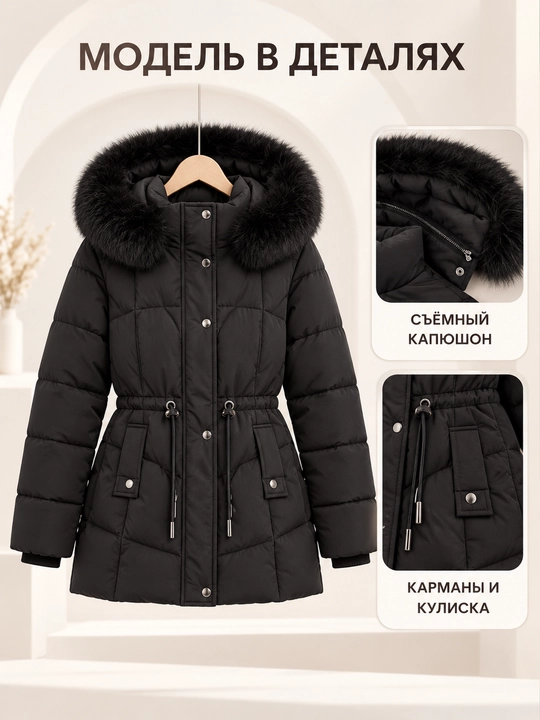 Ayollar uchun kapyushoni, yengi va mo‘ynasi olinadigan issiq kurtka-jilet, M–3XL