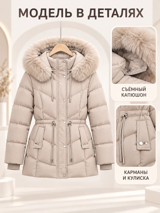 Ayollar uchun kapyushoni, yengi va mo‘ynasi olinadigan issiq kurtka-jilet, M–3XL