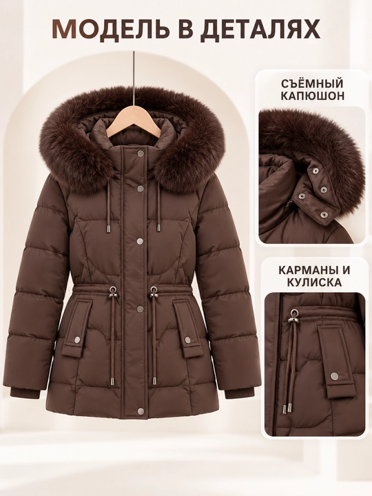 Ayollar uchun kapyushoni, yengi va mo‘ynasi olinadigan issiq kurtka-jilet, M–3XL