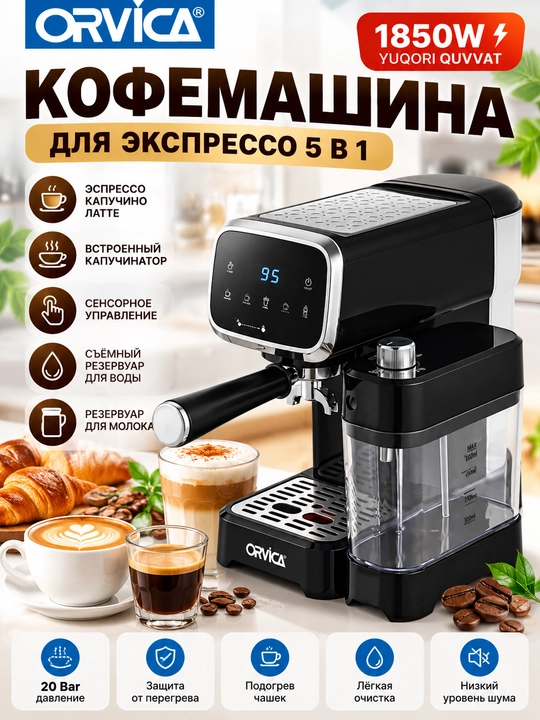 ORVICA ORM-6805 kofe mashinasi, 20 bar bosim, 1850 Vt quvvat, sensorli boshqaruv - 