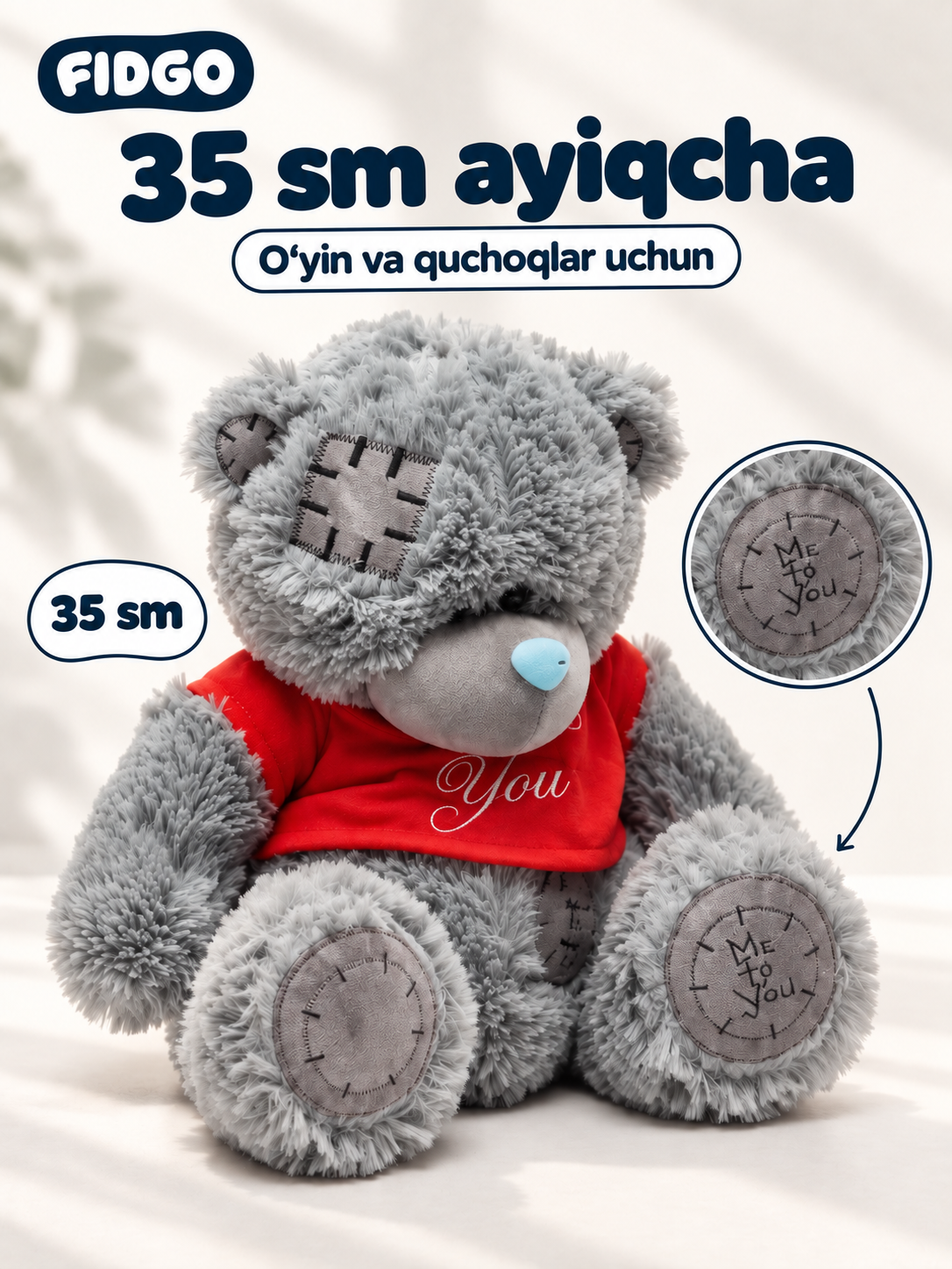 Мягкая игрушка мишка Тедди FIDGO, 35 см, серый, в красной кофточке