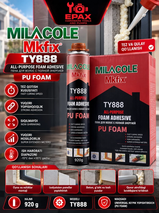 EPAX TY888 PU montaj ko‘pigi 920 g – universal, tez qotuvchi, kuchli yopishuvchi - 