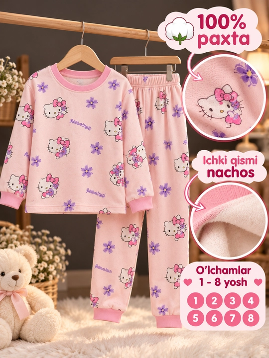 Qizlar uchun uy pijamasi 2 qismli yumshoq, 1-8 yosh, 100% paxta - 