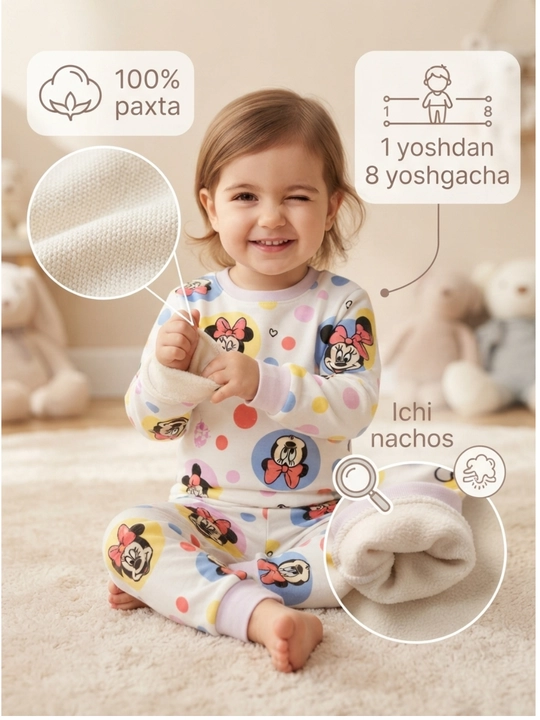 Qizlar uchun uy pijamasi 2 qismli yumshoq, 1-8 yosh, 100% paxta - 