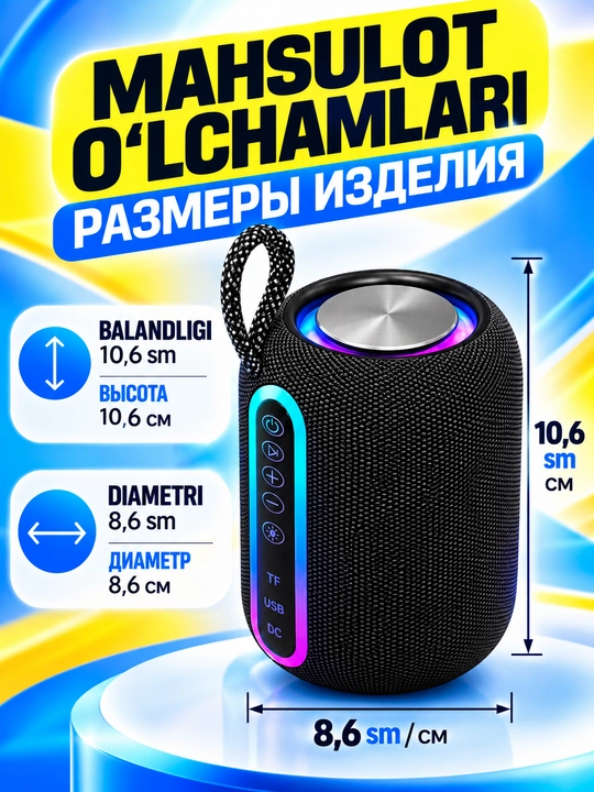 Bluetooth 5.4 simsiz kolonkasi RGB yoritish IPX5 TF USB AUX TWS