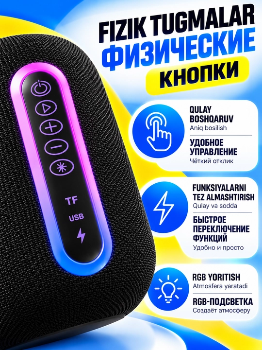 Bluetooth 5.4 simsiz kolonkasi RGB yoritish IPX5 TF USB AUX TWS