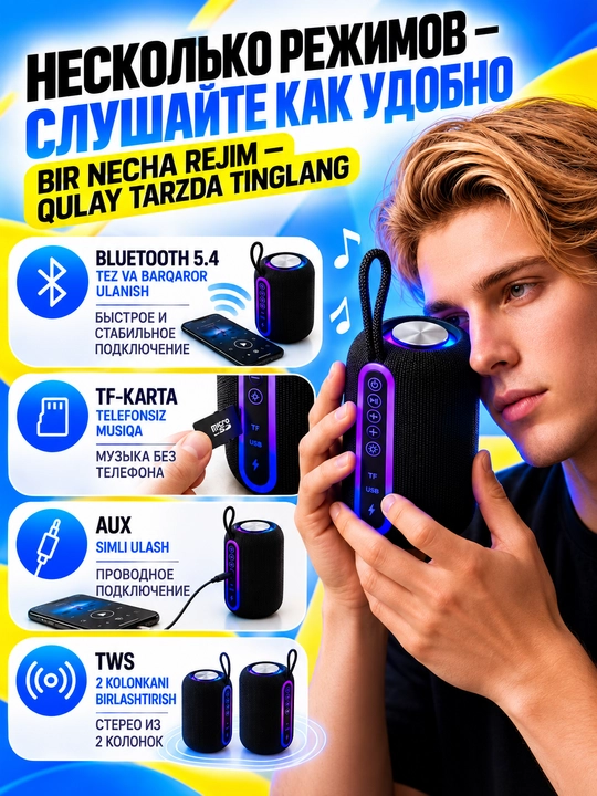 Bluetooth 5.4 simsiz kolonkasi RGB yoritish IPX5 TF USB AUX TWS