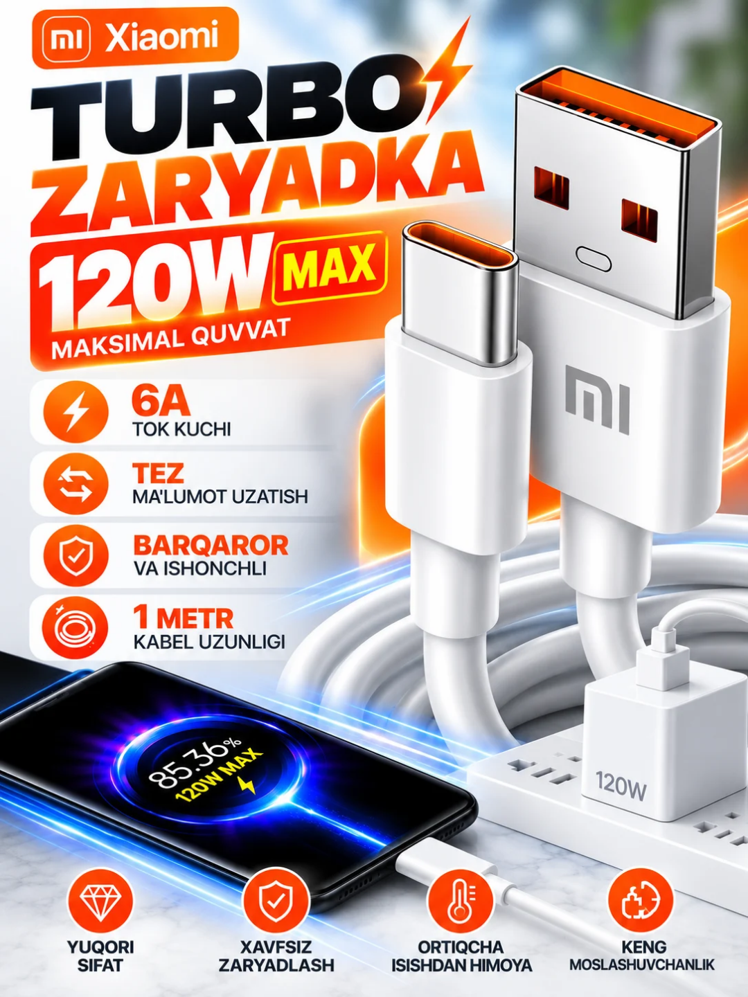Xiaomi USB Type-C Turbo Cable ORG 33W/ 67W/ 120W MAX % 6A 1m - 