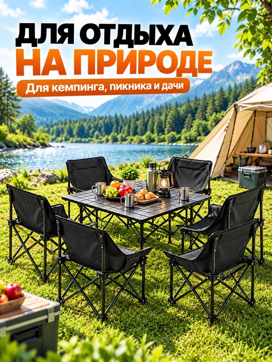 Piknik uchun stol-stul komplekti, 1 stol va 6 stul - 