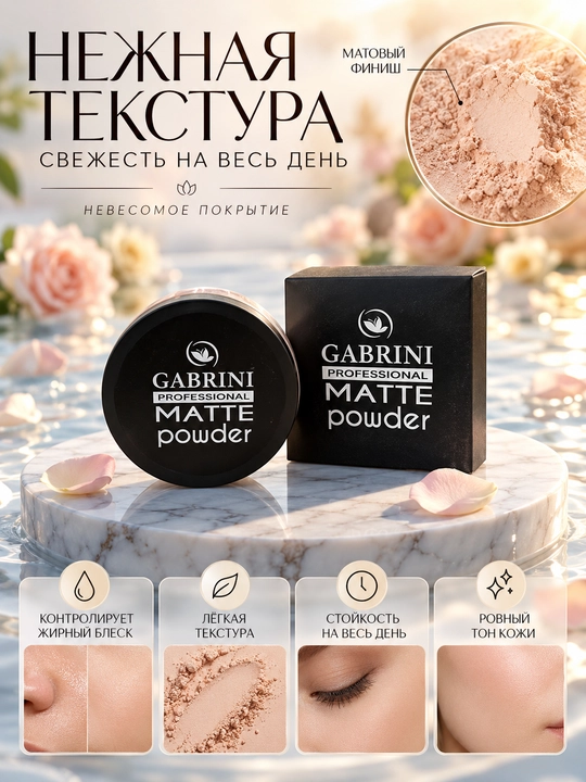 Yuz uchun matlashtiruvchi pudra upa Gabrini Professional Matte Powder, ixcham kukun - 