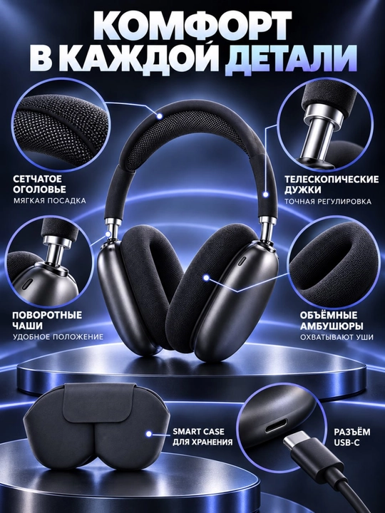 Max to‘liq o‘lchamli quloqchin, Smart Case, USB-C, sozlanadigan bosh tasmasi