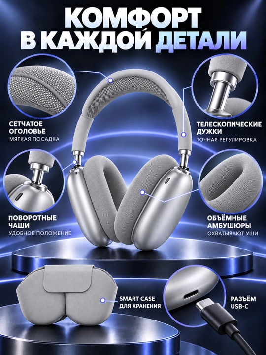 Max to‘liq o‘lchamli quloqchin, Smart Case, USB-C, sozlanadigan bosh tasmasi