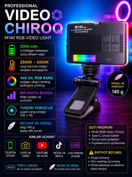 D12S RGB Video Light LED лампа для TikTok, YouTube, фото и видеосъёмки