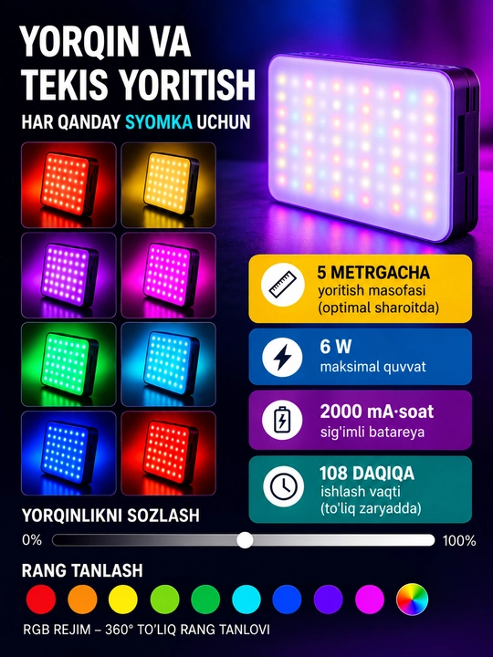 D12S RGB Video Light LED лампа для TikTok, YouTube, фото и видеосъёмки